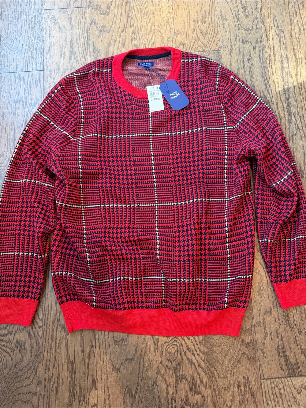 Club Room Red Plaid Crewneck Sweater with Black and White Accents